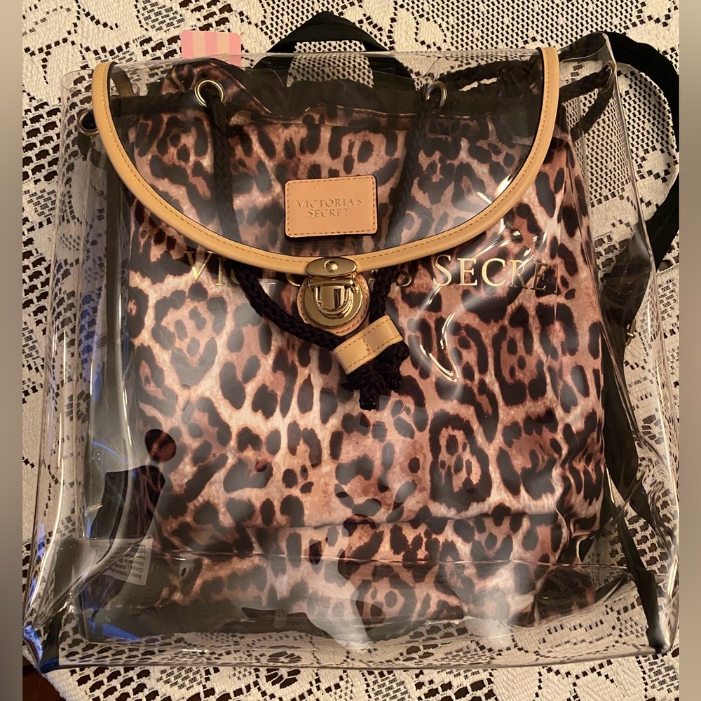 Victoria Secret Signature Clear 2 in 1  Backpack with Leopard Drawstring Bag